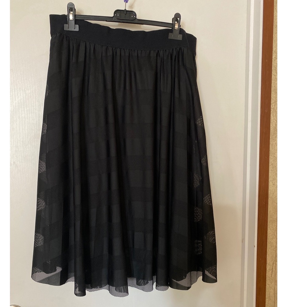 Metro Wear Black Striped Mesh Overlay Women's Midi Skirt Elastic Waist Large